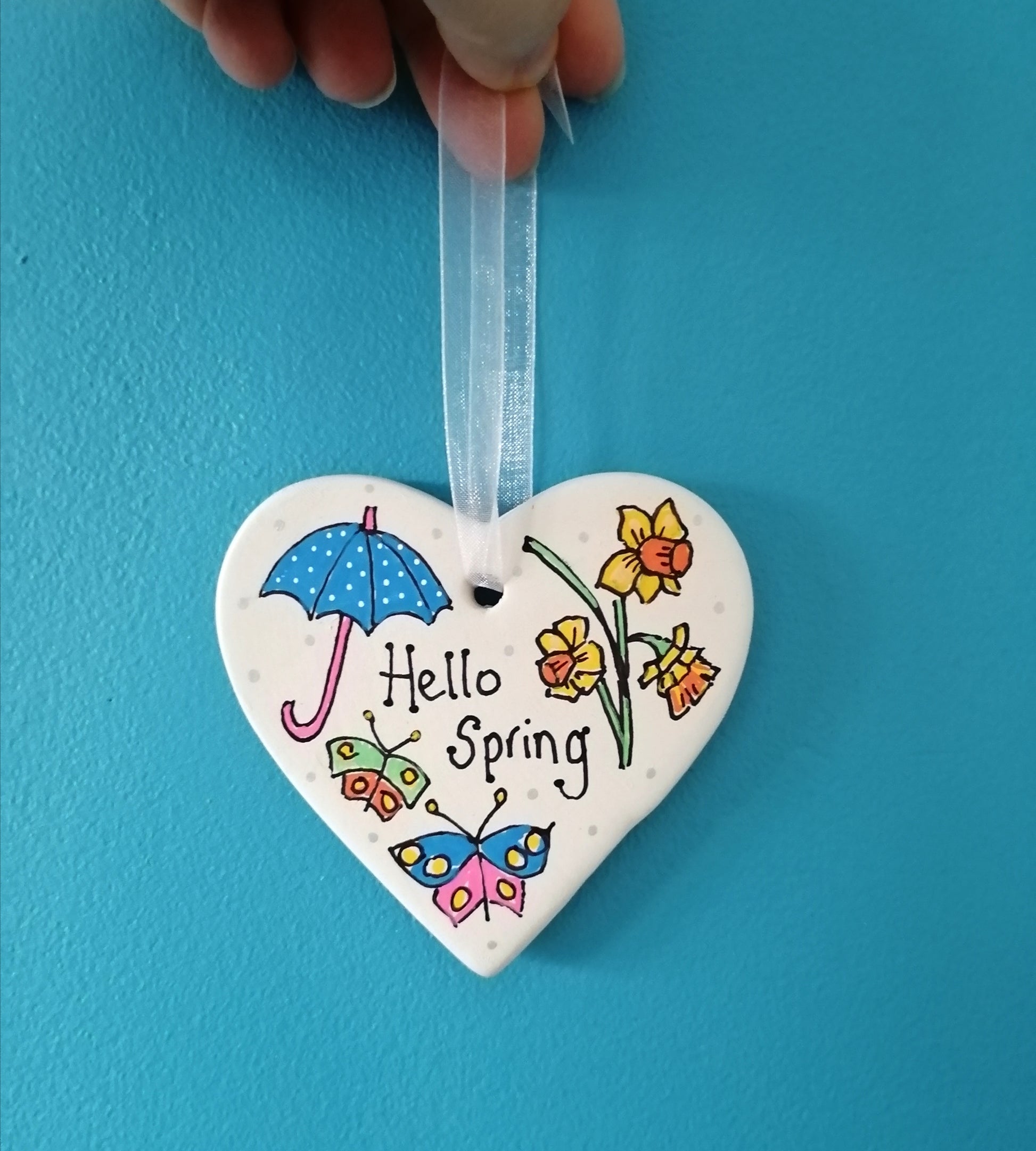 Hello Spring Ceramic Heart Decoration image 0